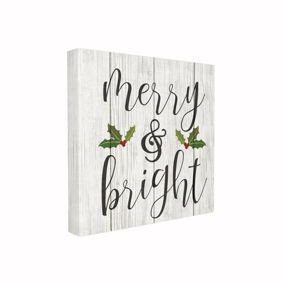 The Stupell Home Decor Collection Holiday Rustic Typography Merry And Bright with Holly Planked Look Stretched Canvas Wall Art, 17 x 1.5 x 17