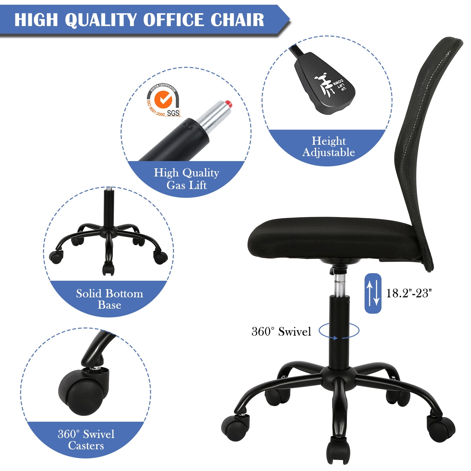 NiamVelo Armless Mesh Office Chair Adjustable Ergonomic Desk Chair with Casters, Mid Back Swivel Rolling Executive Task Chair for Home Office, Black