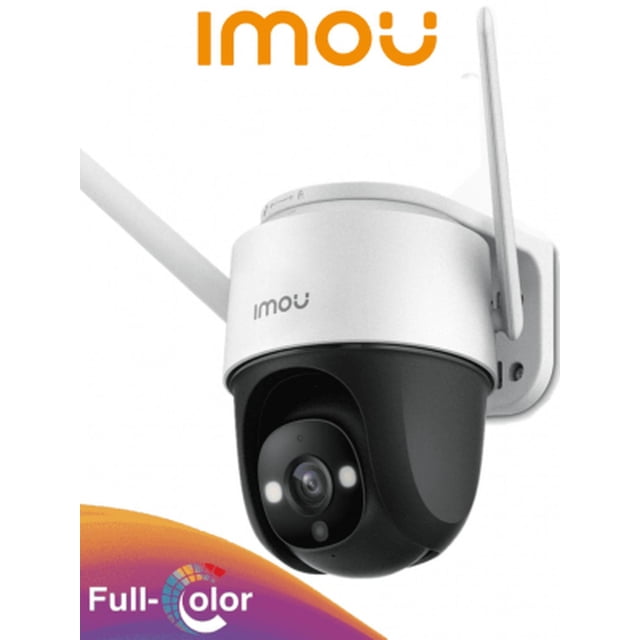 cámara ip wifi pt ipc-s42fn-0360b-imou dahua technology 4 megapíxeles Vista frontal en primer plano de la cámara Dahua Technology IPC-S42FN-0360B-imou, domo giratorio negro con lente central y dos LEDs visibles, carcasa superior blanca con logo imou y dos antenas Wi‑Fi verticales, montada en soporte de pared sobre fondo claro; apta para vigilancia doméstica y para monitoreo interior y exterior.