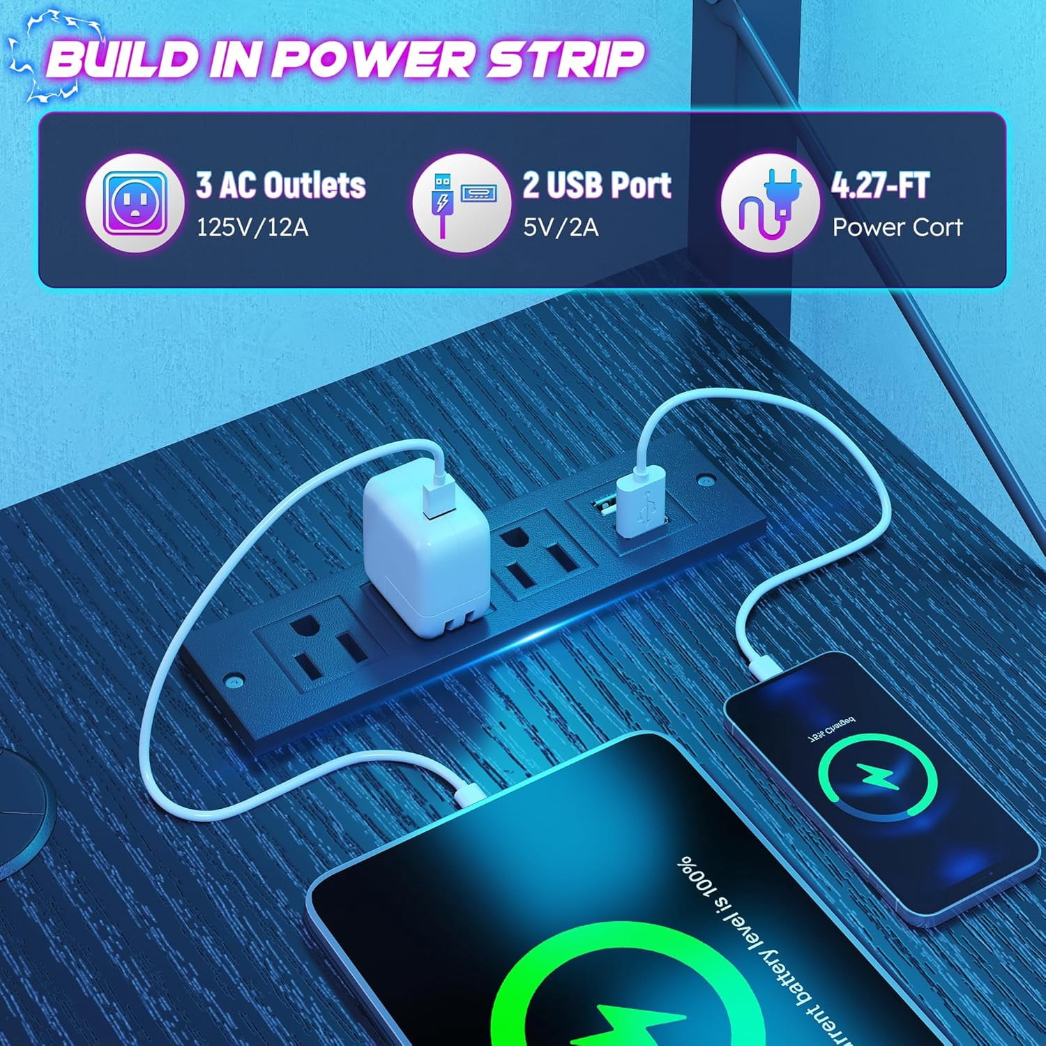 53 Inch L Shaped Desk Gaming Desk with LED Light & Power Outlet, Reversible L Shaped Computer Desk with Shelf & Storage Bag Gamer Corner Desk with Headphone Hook for Home Office Desk, Black