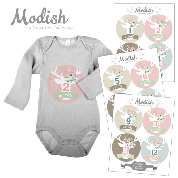 Monthly Baby Stickers, Girl, Deer, Floral Antlers, Woodland, Flowers, Baby Photo Prop, Baby Shower Gift, Baby Book Keepsake, Modish Labels