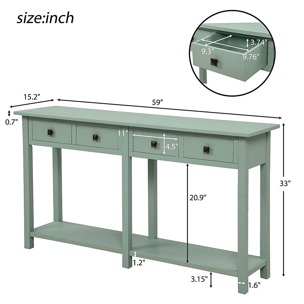 Lowestbest Solid Console Table, Brushed Texture Sofa Side Table with Drawers and Bottom Shelf, Entryway Console Cabinet for Living Room, Blue