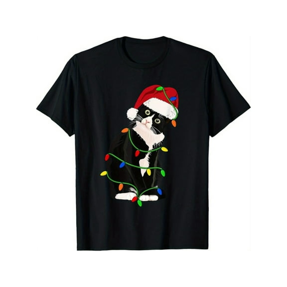 Festive Tuxedo Cat Christmas Tee - Soft Cotton,, Perfect for Holidays & Casual Attire