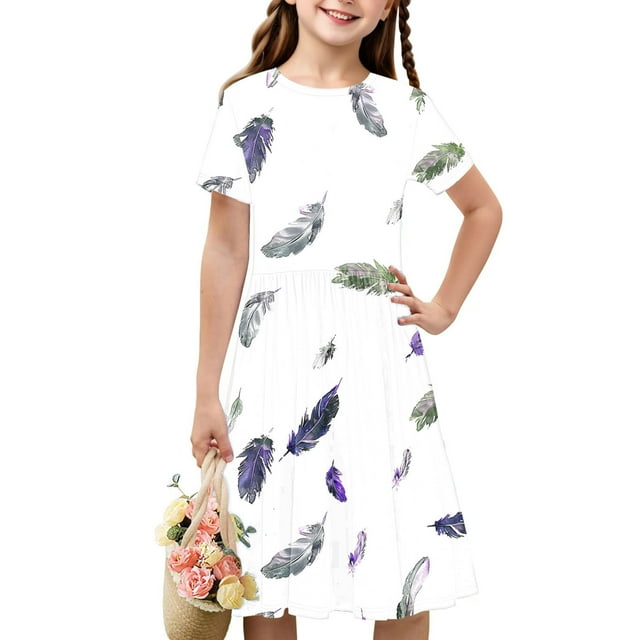 Soldes de Liquidation Aujourd'hui Offres Iumwxz Robe Décontractée Trapèze Robe Tunique pour Adolescentes Robes Col Rond Mignonne à Motif Robe à Manches Courtes pour Filles Robes Ravissantes pour Fête 4-14a