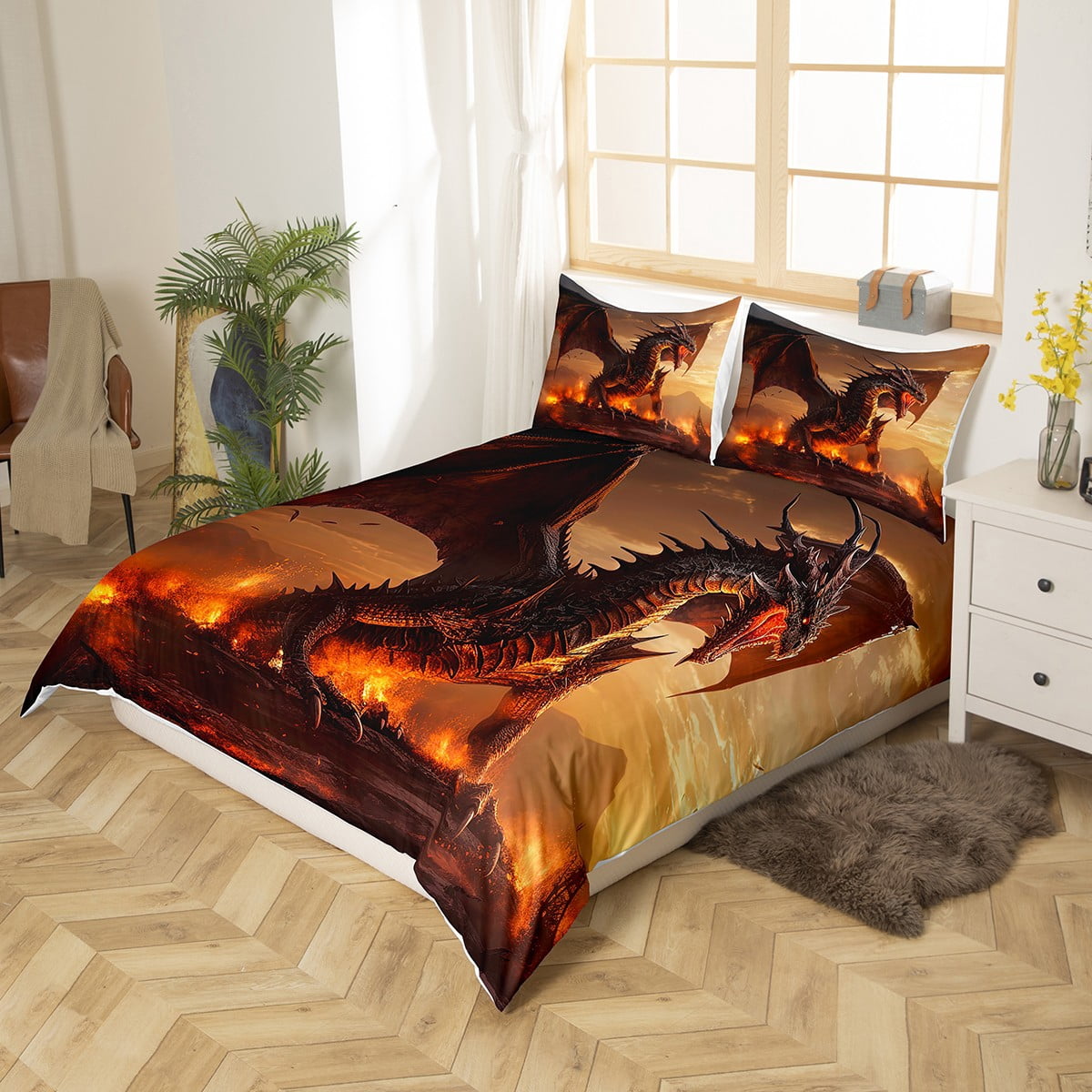 3D-Drachen-Bettlaken-Set Queen Size – 4-teilig, Weiche Mikrofaser, Mit Spannbetttuch & Kissenbezügen