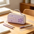 thumbnail image 4 of Large Capacity Pencil Case,Cute Plaid Star Embroidery Decor Portable Pencil Pouch for Home Office Workplace,Purple, 4 of 9