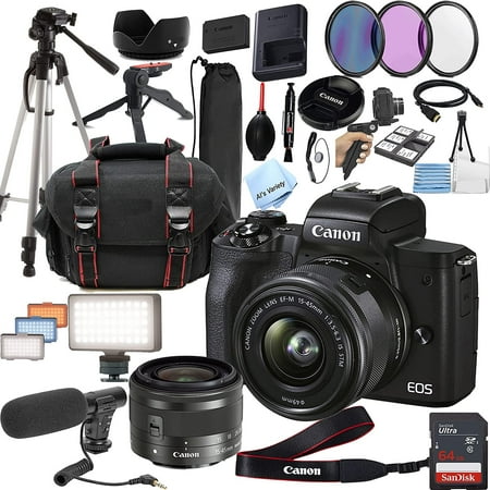 Canon EOS M50 Mark II with 15-45mm Lens Video Kit + Shot-Gun Microphone + LED Always on Light + 64GB Memory, Filters, Case, Tripod + More 30PC Bundle Kit