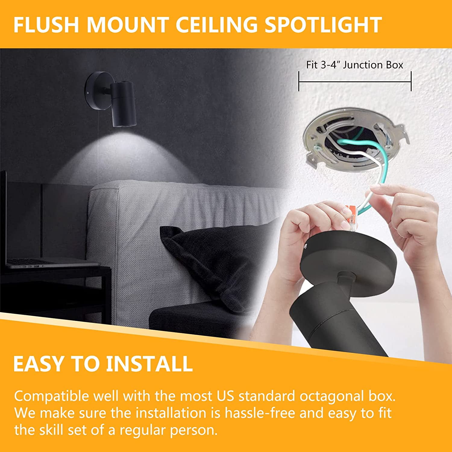 VANoopee 3-Color Dimmable LED Ceiling Spotlight Flush Mount Adjustable Spotlight Directional Spot Lights Indoor Bright Accent Fixture for Living Room Bedroom - CRI90 36° Flicker Free 10W 1000lm Black