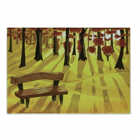 

Forest Cutting Board Cartoon Lonely Bench in Autumnal Park with Seasonal Abstract Growth Decorative Tempered Glass Cutting and Serving Board Small Size Burnt Sienna Yellow by Ambesonne