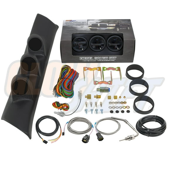 GlowShift | 2nd Gen 1994-1997 Dodge Ram 5.9 Cummins Black Triple Pillar Pod with Tinted 7 Color Series 60 PSI Boost Gauge, 2400 Pyrometer EGT Gauge & Trans Temp Gauge