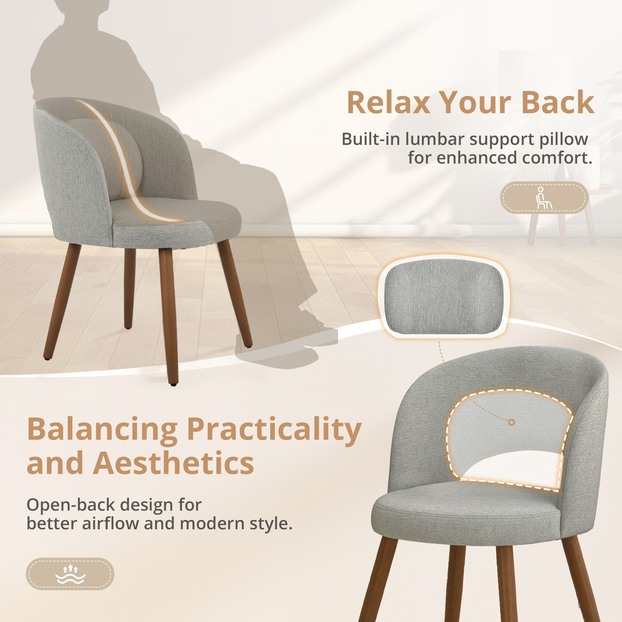 Dycanpo Upholstered Dining Chairs Set of 2, Wooden Dining Side Chairs with Curved Backrest & Individual Back Cushion, Gray-Fabric