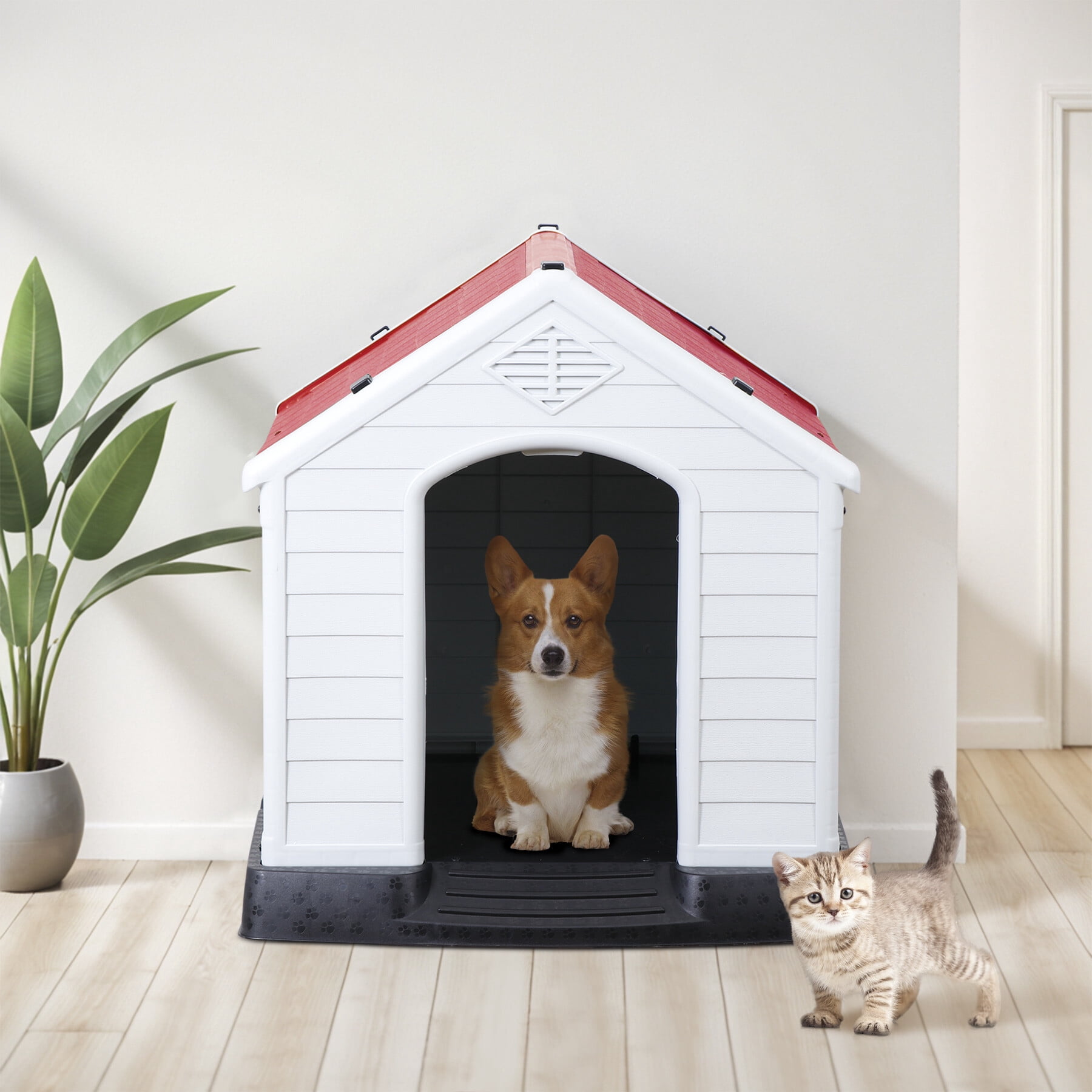 HomGarden 34-in Plastic Large Dog House Outdoor Pet Puppy Shelter Kennel W/Air Vents, Red