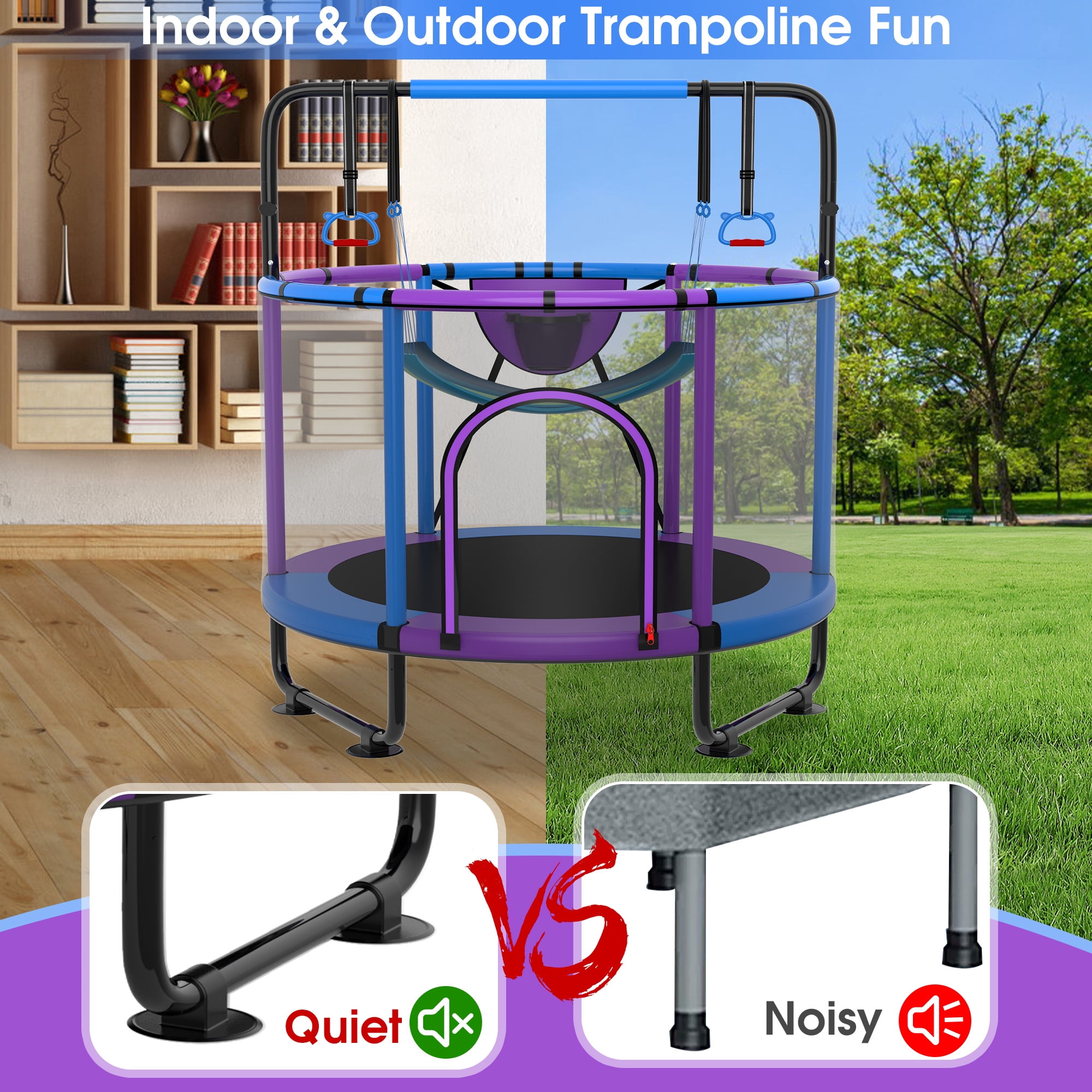 XMIKA Trampoline for Kids, 54'' Toddler Trampoline with Enclosure, Swing, Basketball Hoop, 4.5FT Indoor/Outdoor Trampoline with Adjustable Gymnastics Bars, Rings, Mini Trampoline for Boy and Girls