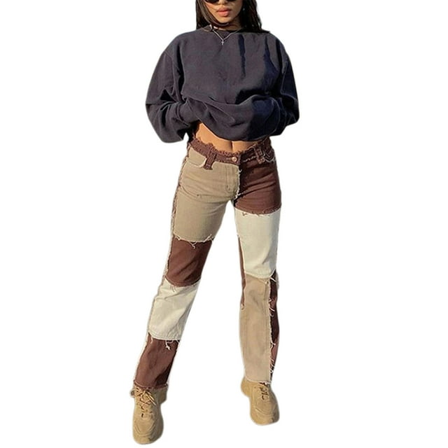 Women Color Block Jeans, Middle Waist Pockets Patchwork Straight Trousers Casual Style Bottoms