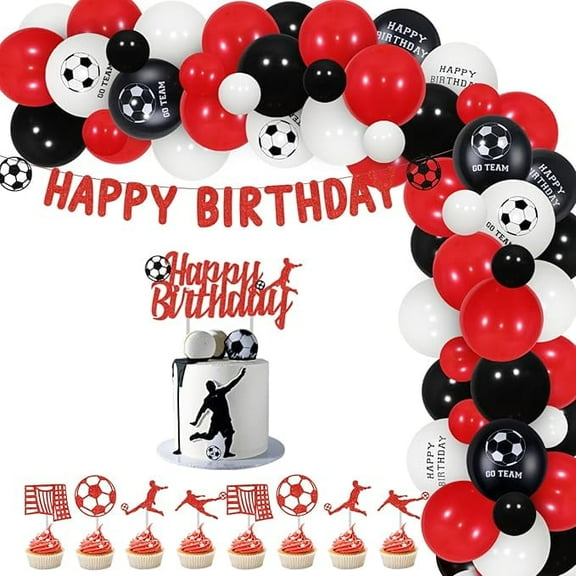 Soccer Birthday Party Decorations, Soccer Theme Party Decoration Red Black Balloon Garland Kit Happy Birthday Banner Cake Cupcake Topper Red Balloon for Boys Girls Adults