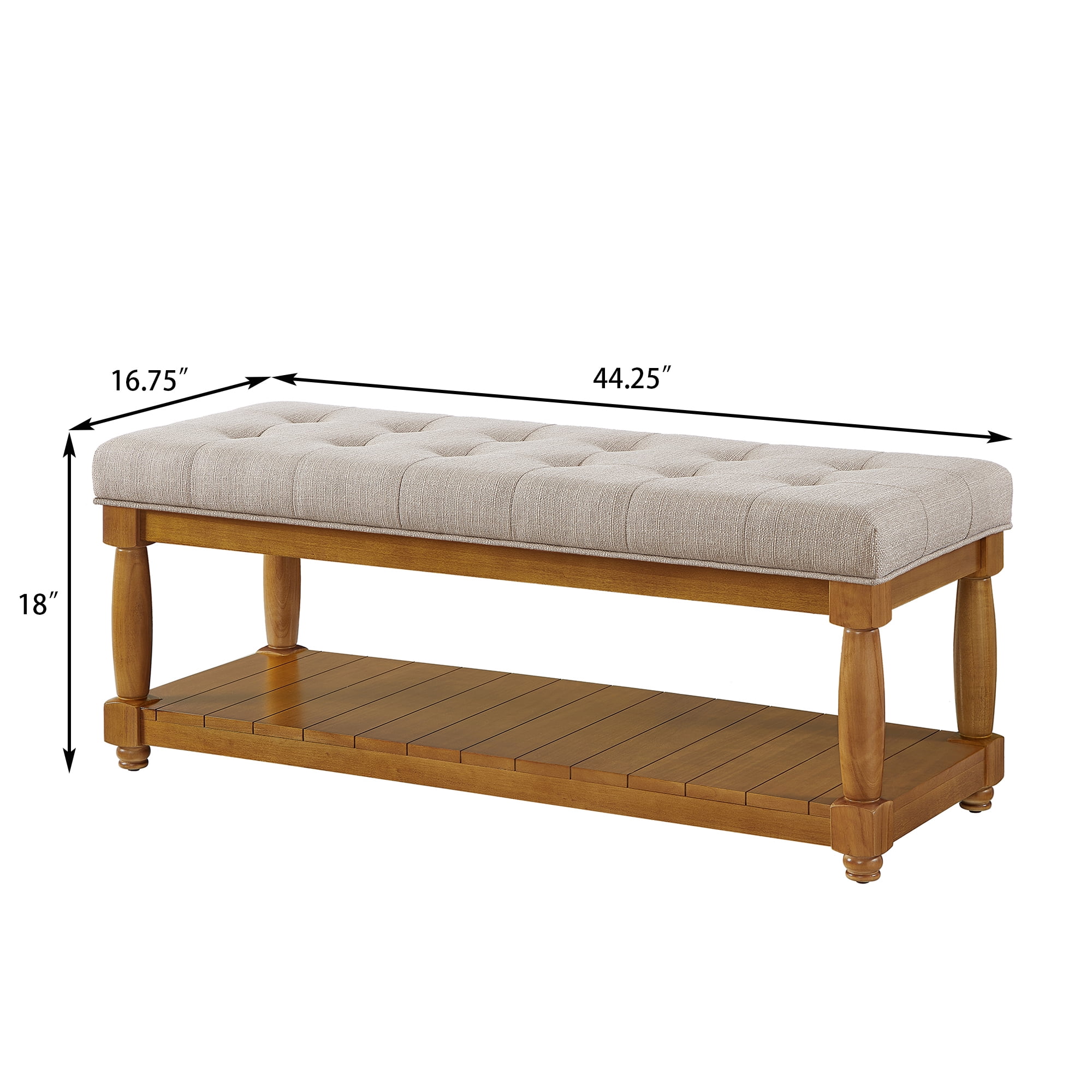 Leumius Upholstered Linen Bench with Storage Shelf, Solid Wood Spindle Legs Accent Furniture Tufted Ottoman Bench for Bedroom Entryway Living Room Beige