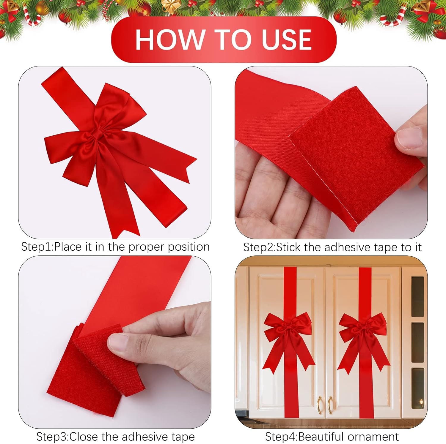 6 Pieces Christmas Door Cabinet Bows Large Christmas Red Ribbons Cabinet Door Bows for Christmas Festive Party Supplies, 10 x 87 Inches