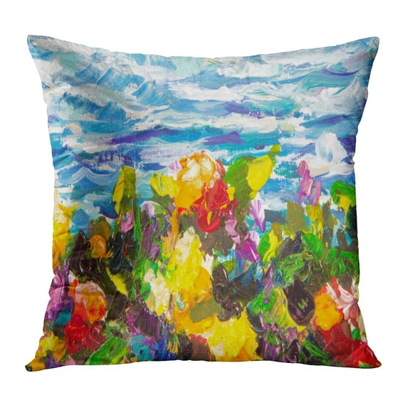 ECCOT Abstract Impressionism Floral Landscape Oil Painting and Palette Knife Impasto Yellow Red Violet Flowers Pillowcase Pillow Cover Cushion Case 16x16 inch