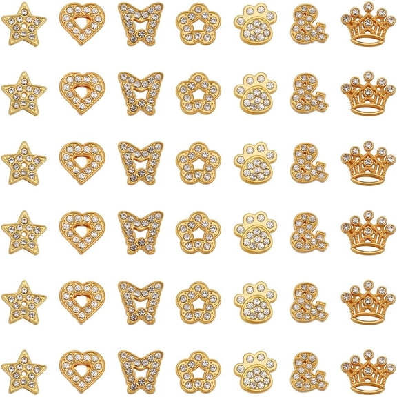 1 Box 42Pcs Gold Slide Charms Bulk Alloy Slider Charm Rhinestone Star Heart Butterfly Flower Paw Symbol Slide Charm Spacer Beads