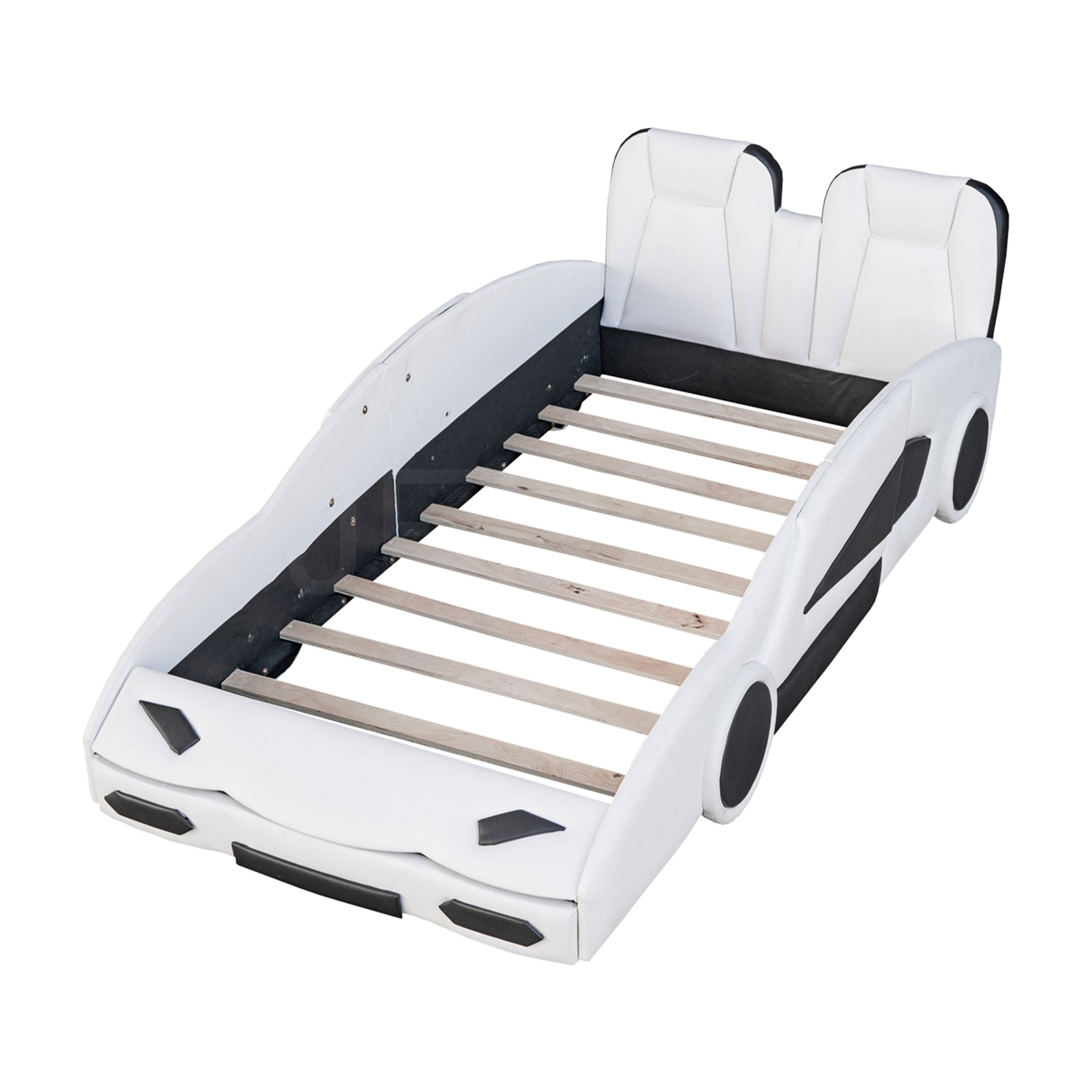 JERFIT Twin Size Race Car Bed Frame with Wheels, White PU Leather Platform Bed with Safety Guardrails Wood Slats Support, No Box Spring Needed