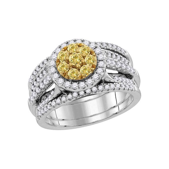 14kt White Gold Womens Round Yellow Diamond Bridal Wedding Engagement Ring Band Set 1.00 Cttw