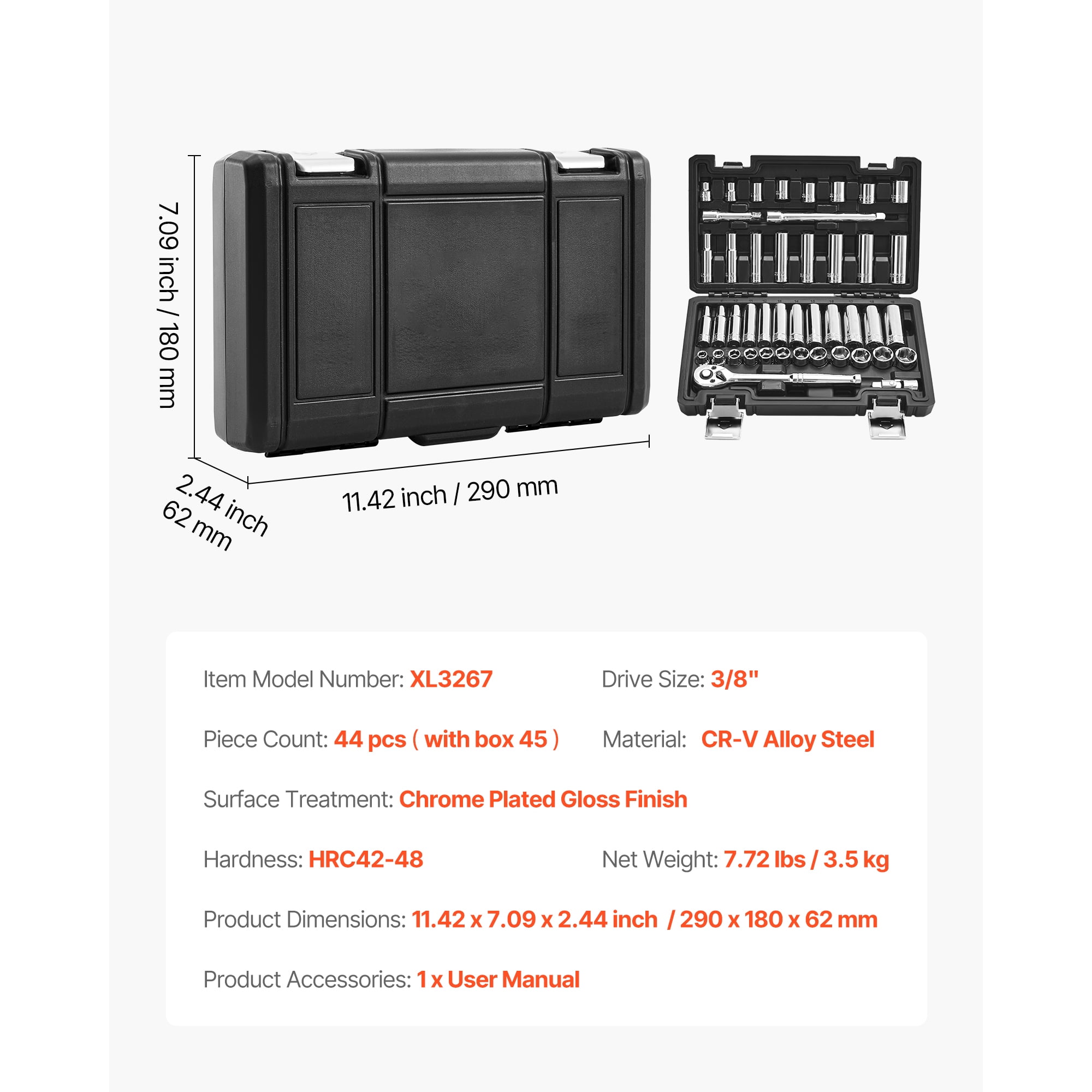 KFFKFF 44-Piece Socket Set, 3/8-Inch Drive, SAE & Metric Sizes, Includes Deep & Shallow Sockets, Ratchet, Accessories, and Storage Case, Made of CR-V Steel for Automotive Maintenance
