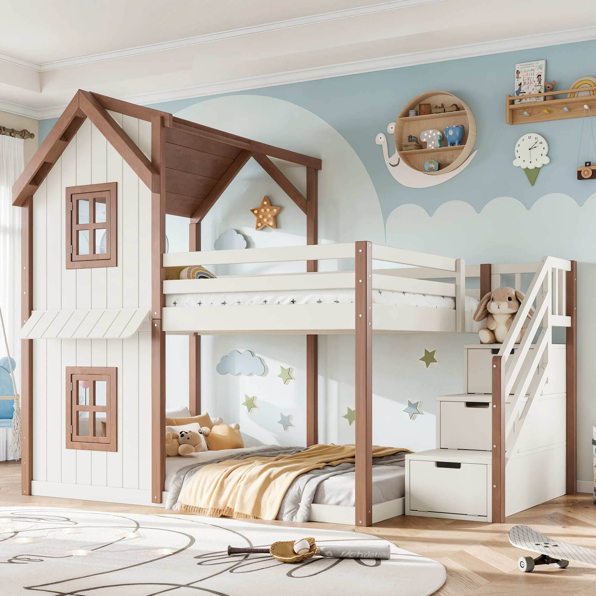 Leumius Full over Full House Bunk Bed with Storage Stairs, Kids Playhouse Bunk Bed with Roof and Windows, Solid Wood Bed Frame with Multifunctional Lower Space, Beige & Natural