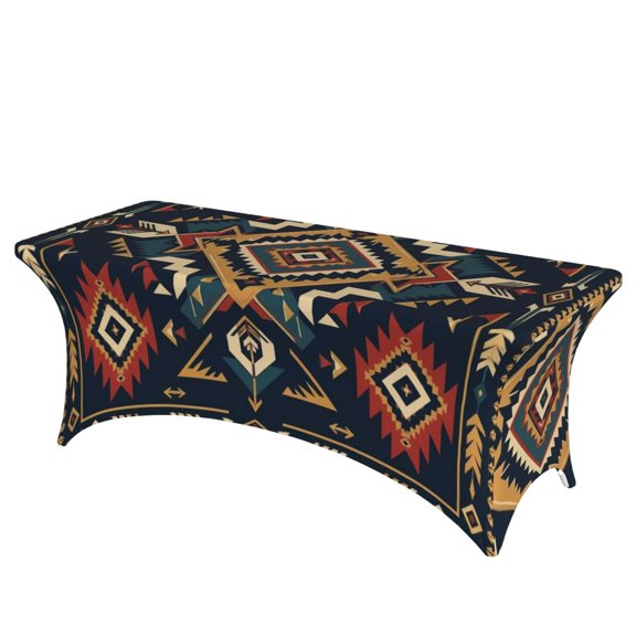 Modern Tribal Textile Inspired Design Stretch Rectangular Table Cover 6FT Elastic Fitted Tablecloth for Parties, Weddings, Banquets