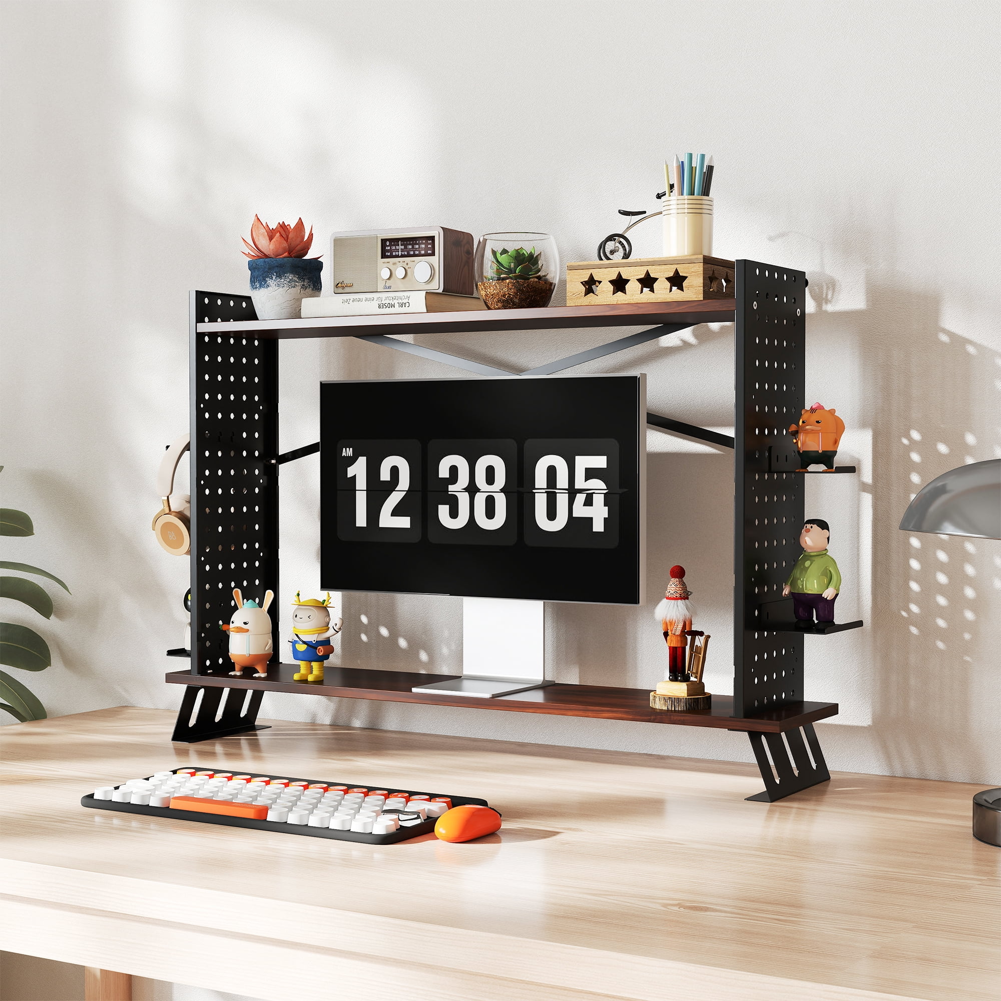 Gomok 2-Tier Desktop Bookshelf, Adjustable Desk Shelf Bookcase Storage Rack with Tray & Grid Panel, Black