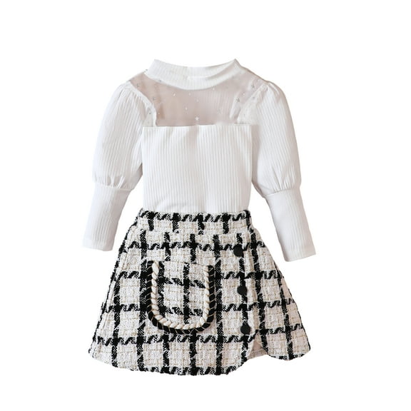 Wassery Kids Girl 2 Piece Skirt Outfit Toddler Girl Long Sleeve Mesh Patchwork Tops and Elastic Plaid A-Line Skirt Set 6M 12M 18M 24M 3T 4T Baby Girls Fall Clothes