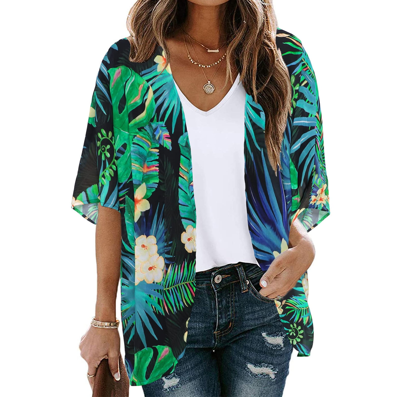 Women's Floral Print Puff Sleeve Kimono Cardigan Loose Cover Up Casual
