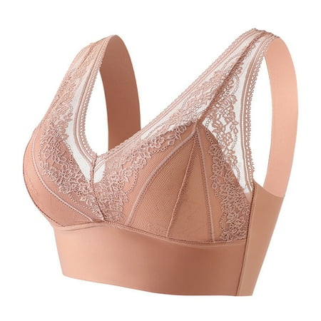 QYZEU Womens Sports Bras Plus Size Wireless Sexy Lace Back Strap Tank Top Thin Wrapped Chest Bra Ice Silk Solid Breathable Bras Soft Comfy Lightweight Underwear Rose Gold 3XL