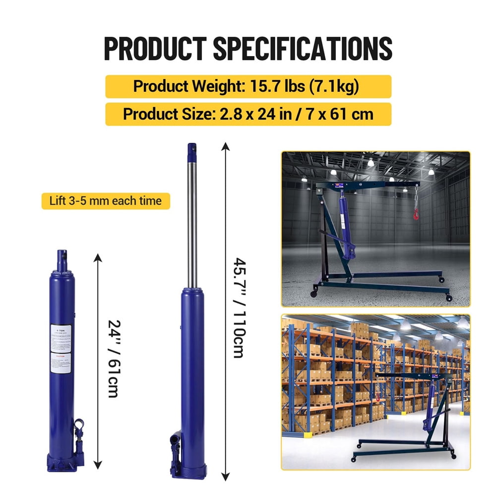 Hydraulic Long Ram Jack with Handle, Flat Base Manual Cherry Picker Engine Lift Hoist for Garage Shop Cranes, Single Piston Pump