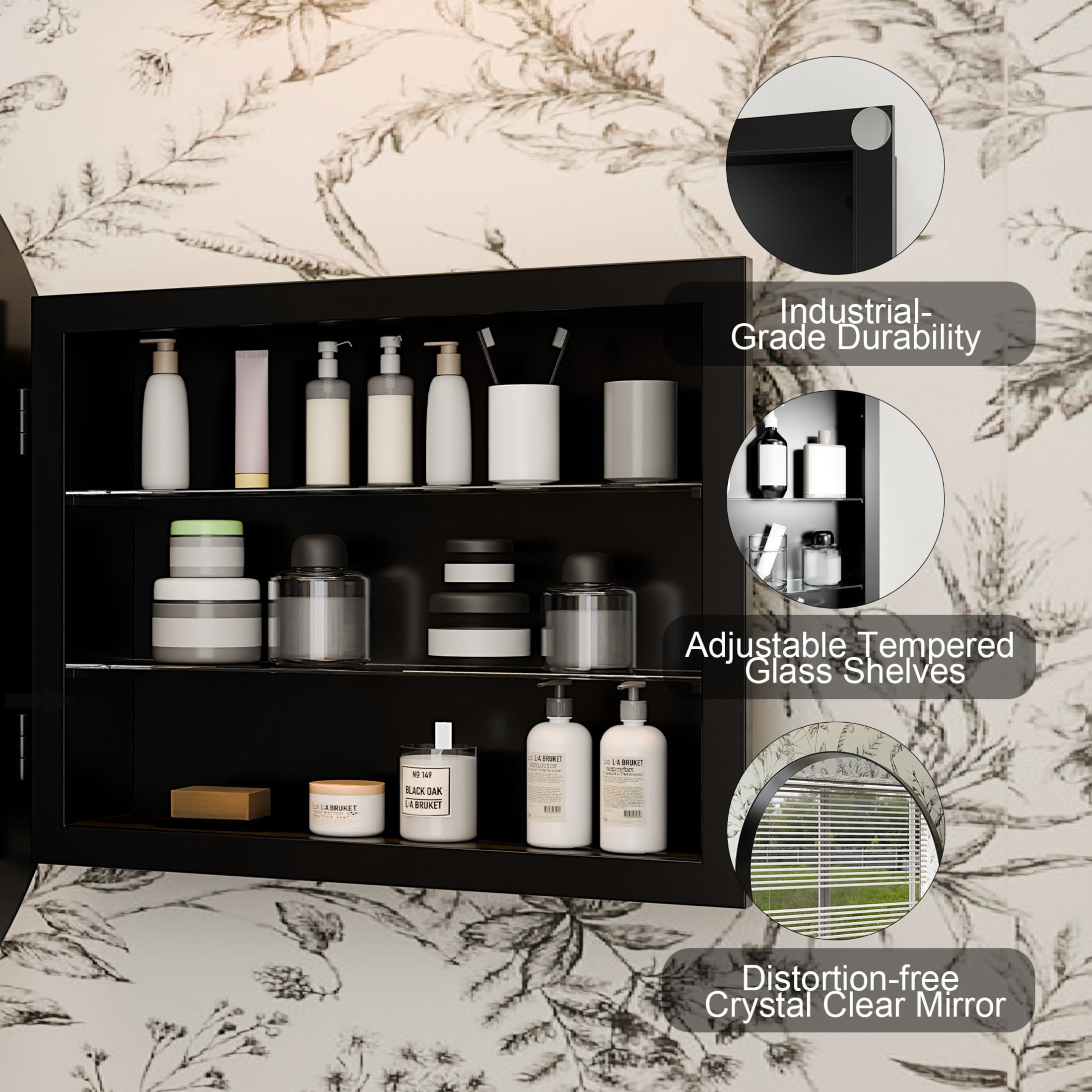 Noble House 24" Round Metal Medicine Cabinet with Mirror, Bathroom Wall Mirror with Adjustable Glass Shelves, Black