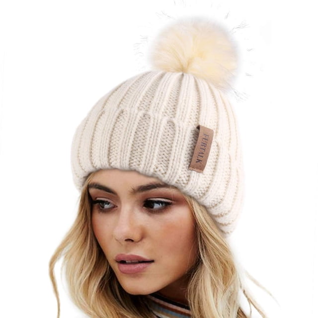Gorro de punto de invierno FURTALK para mujer con pompón de piel sintética
