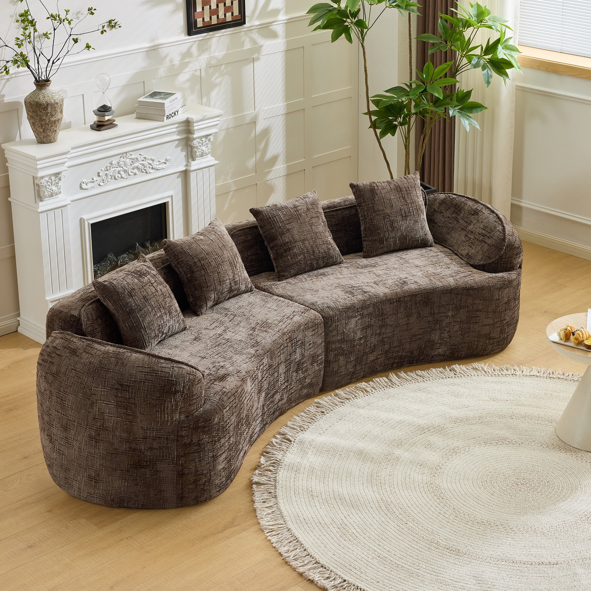MAYEERTY 4-Seat Curved Compressed Sectional Sofa, Upholstered Cloud Modular Couch with Throw Pillows, No Assembly for Living Room Apartment Small Spaces