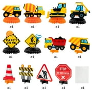 OSNIE 12Pcs Construction Theme Honeycomb Centerpieces Table Topper Double Side Cardstock Dump Truck Birthday Party Supplies Vehicle Traffic Photo Booth Prop Baby Shower Table Decoration for Kids Boys