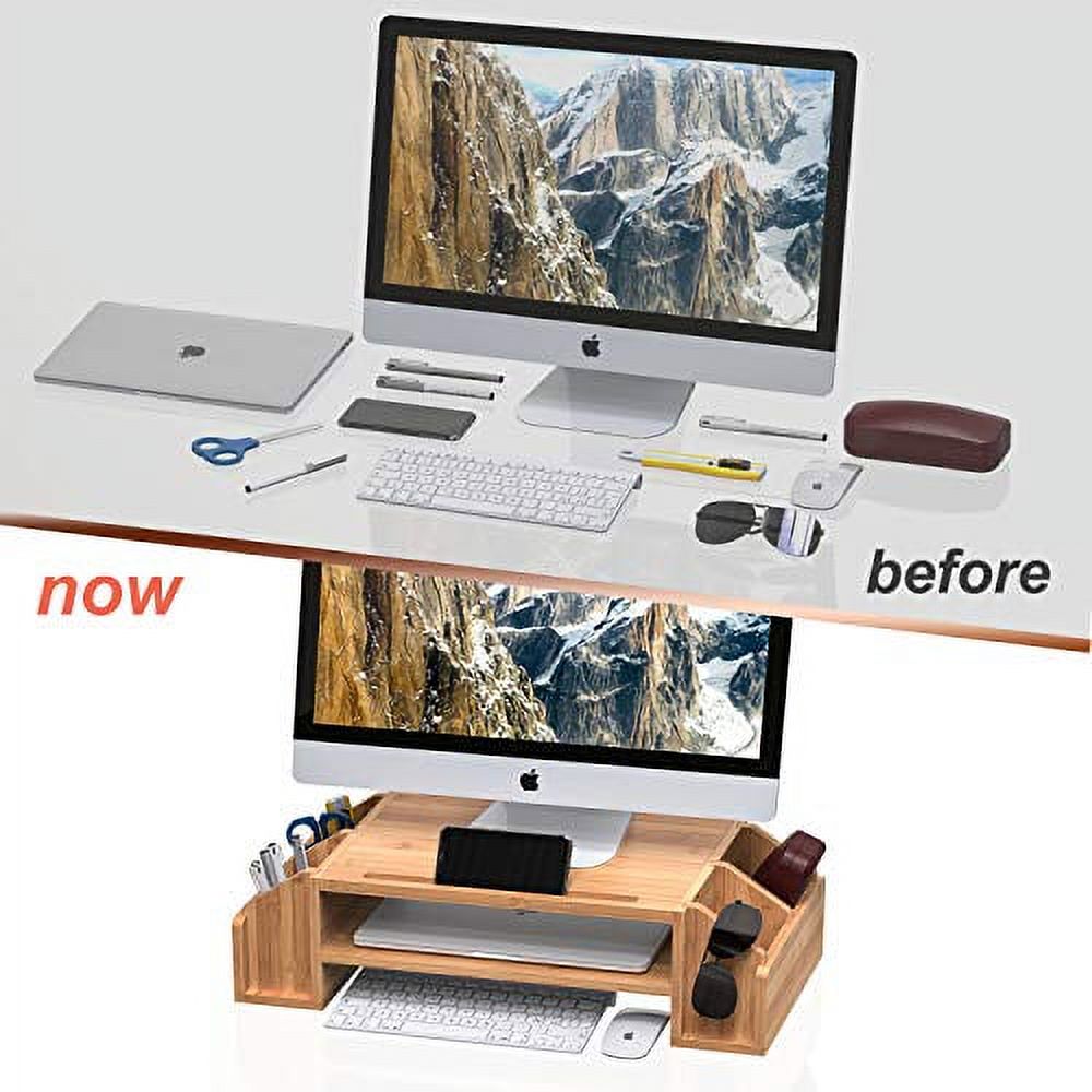 WELL WENG Bamboo 2-TIier Monitor Riser with Adjustable Storage ...