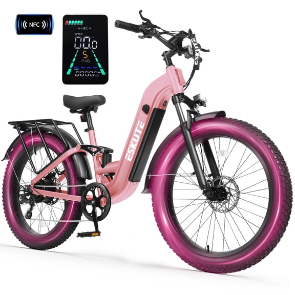 ESKUTE C300 750W Electric Bike for Adults, 48V 20.8Ah Battery, 20MPH, 80 Miles Range, 26"x4.0" Fat Tire Step-Thru Ebike, Full Suspension Electric Bicycle, 8-Speed Pink, UL2849