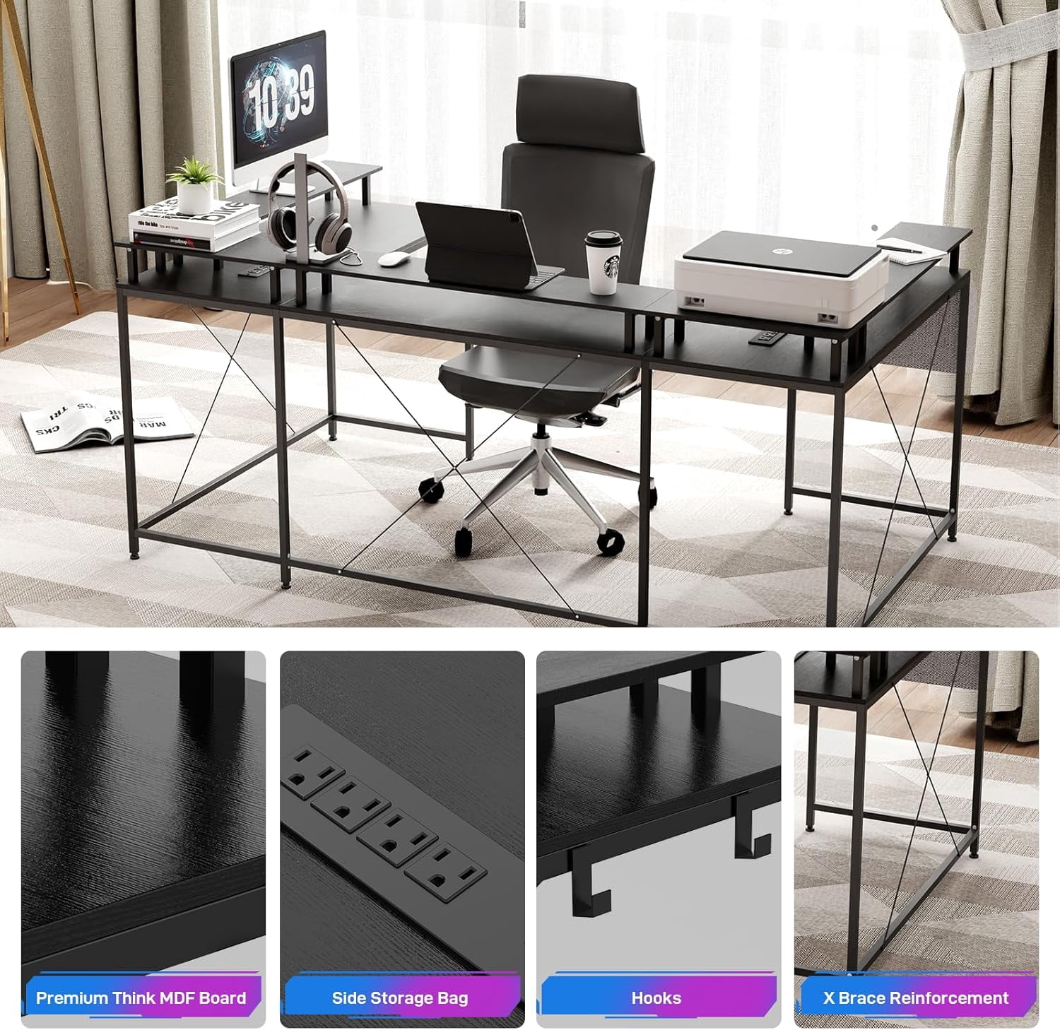 U Shaped Home Office Desk, Reversible L Shaped Gaming Computer Desk with Power Outlets,126 Inch Computer Desk with Monitor Stand and LED Lights,Storage Shelves,Storage Bag and Hooks（Black）
