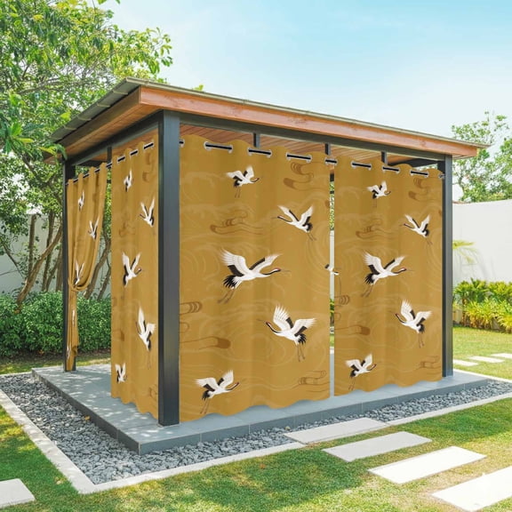 Outdoor Curtains for Patio Waterproof, Japanese Style Outdoor Privacy Panels Grommet, Vintage Art Cranes Ocean Wave Yellow Blackout Outside Curtains for Porch/Cabana/Pergola/Gazebo 54"x84", 2 Panels