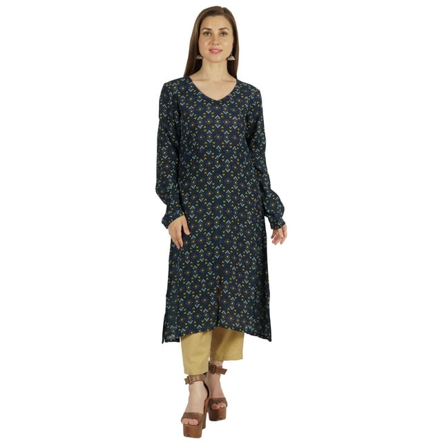 Moomaya Kurti Imprimé à Manches Longues pour Femmes en Rayonne Froissée Blouse Ethnique Indienne