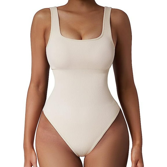 SAYFUT Sexy Bodysuit for Women Ribbed Sleeveless Tank Tops Square Neck Sexy Stretchy Bodycon Jumpsuit Tank Tops Bodysuit White S-XL