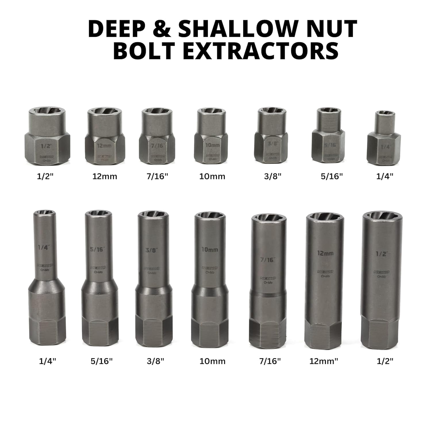 NEIKO 04207A Impact Nut & Bolt Extractor Set, 14 Piece Lug Nut Removal Tool, 3/8 Drive, Deep and Shallow Stripped Bolt Extractor Socket Set, Rounded Bolt Removal tool, Nut Remover Socket Set, CR-Mo
