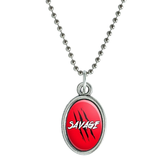 Savage Claw Mark Red and Black Antiqued Oval Charm Pendant with Chain