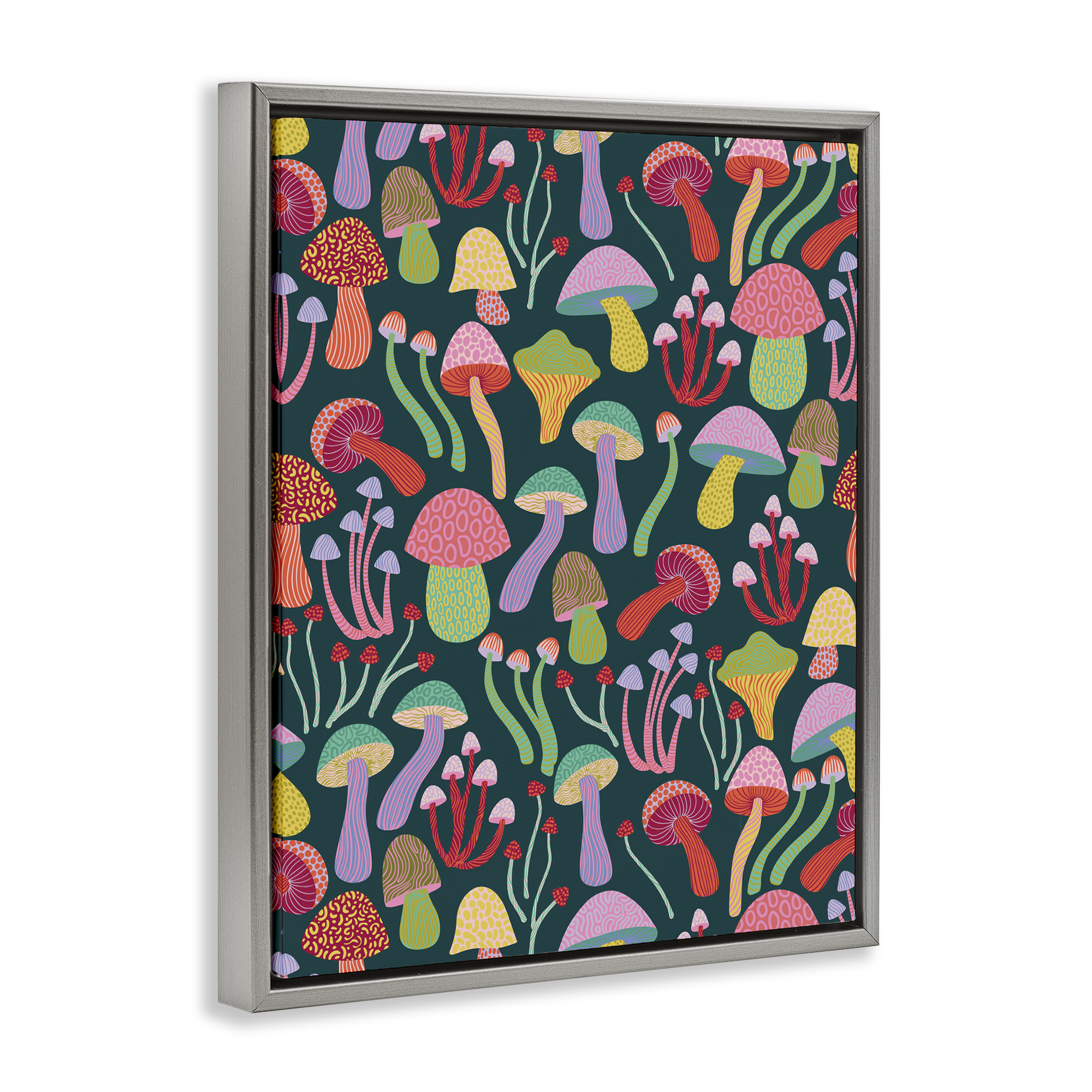 Stupell Industries Magical Times Mushrooms Plants & Flowers Painting Gray Floater Framed Canvas Art Print Wall Art, 17 x 21