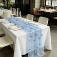 thumbnail image 5 of 11.8x108.3 Inch Light Blue Pearl Flower Table Runner, Sheer Embroidered Net Fabric Boho Tulle Tablecloth for Wedding Birthday Party Decorations, 5 of 7