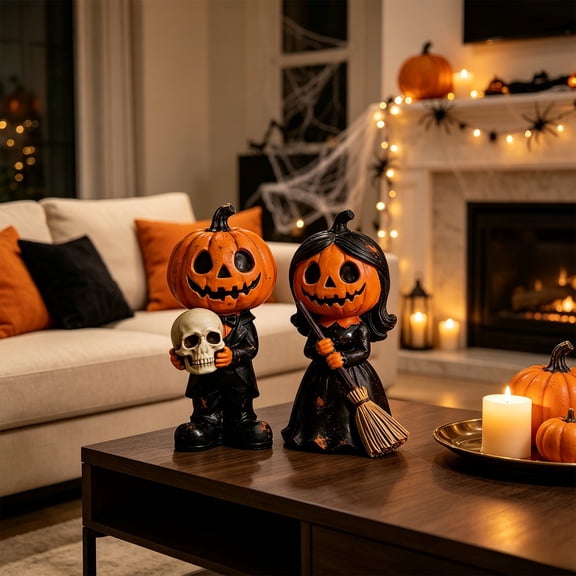 Chmadoxn 2Pcs Halloween Pumpkin Head Couple Figurines, Vintage Resin Tabletop Statue Set with Skull & Witch Decor, Spooky Indoor Home Centerpiece for Fireplace Mantel