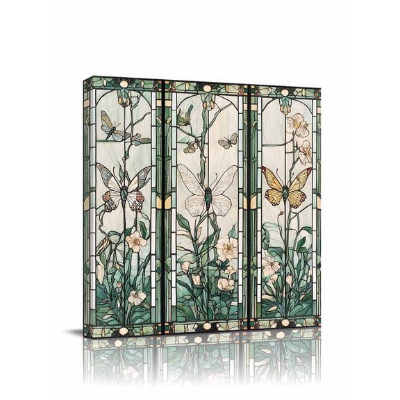 Retro Window Flowering Canvas Wall Art, Green Floral Leaf Butterflies Framed Wall Decor Modern Artwork Prints Painting for Living Room, Bedroom, Kitchen & Cafe Decor 16x16 Inch