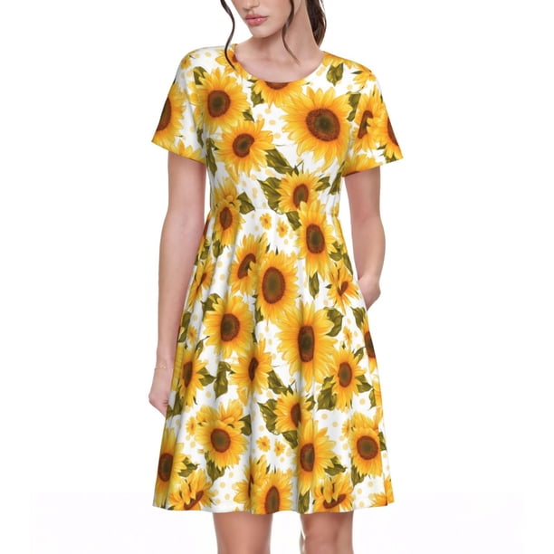 Balery Modern Elegant Sunflower Vestidos sueltos de manga corta para mujer, vestidos de verano 2025, vestidos casuales de corte A con vuelo.